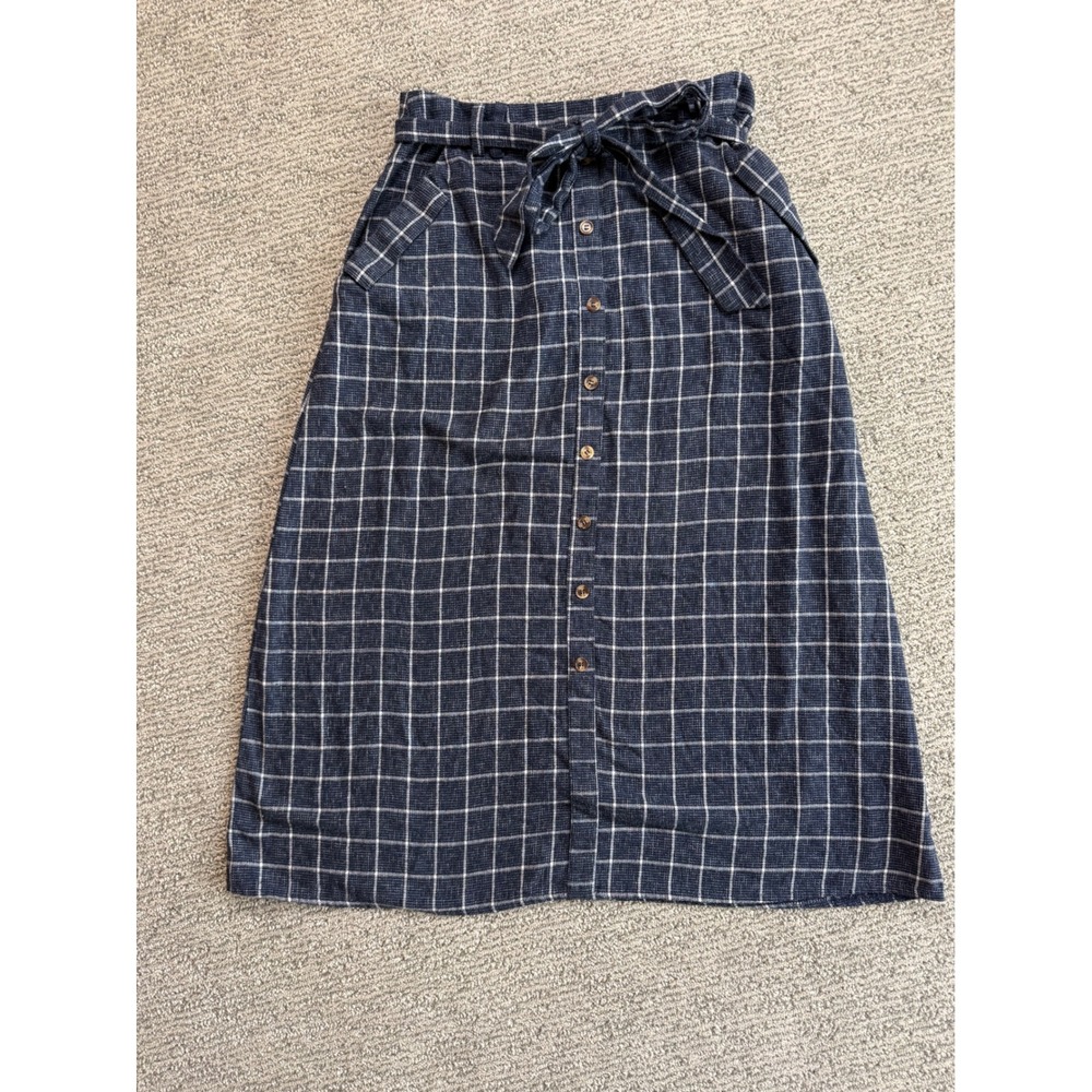 Polagram Navy Blue Windowpane Midi Skirt